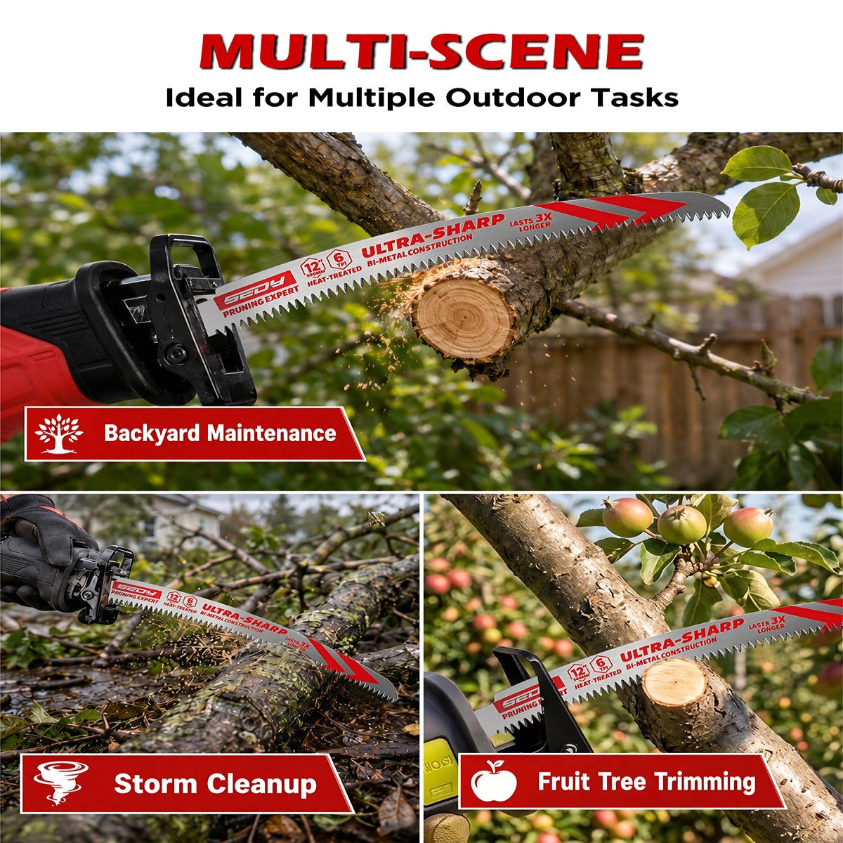 3-pack 12 inch 6 TPI curved pruning reciprocating saw blades for tree trimming, branches, green wood and wood cutting