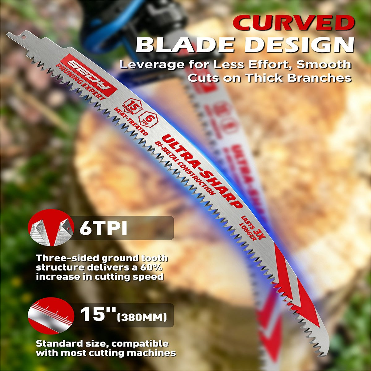 3-pack 15 inch 6 TPI curved pruning reciprocating saw blades for tree trimming, branches, green wood and wood cutting