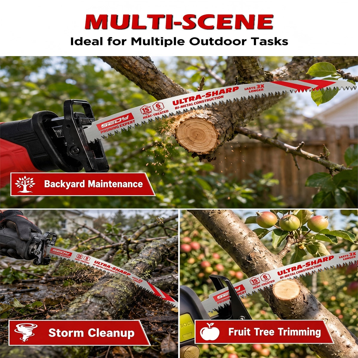 3-pack 15 inch 6 TPI curved pruning reciprocating saw blades for tree trimming, branches, green wood and wood cutting