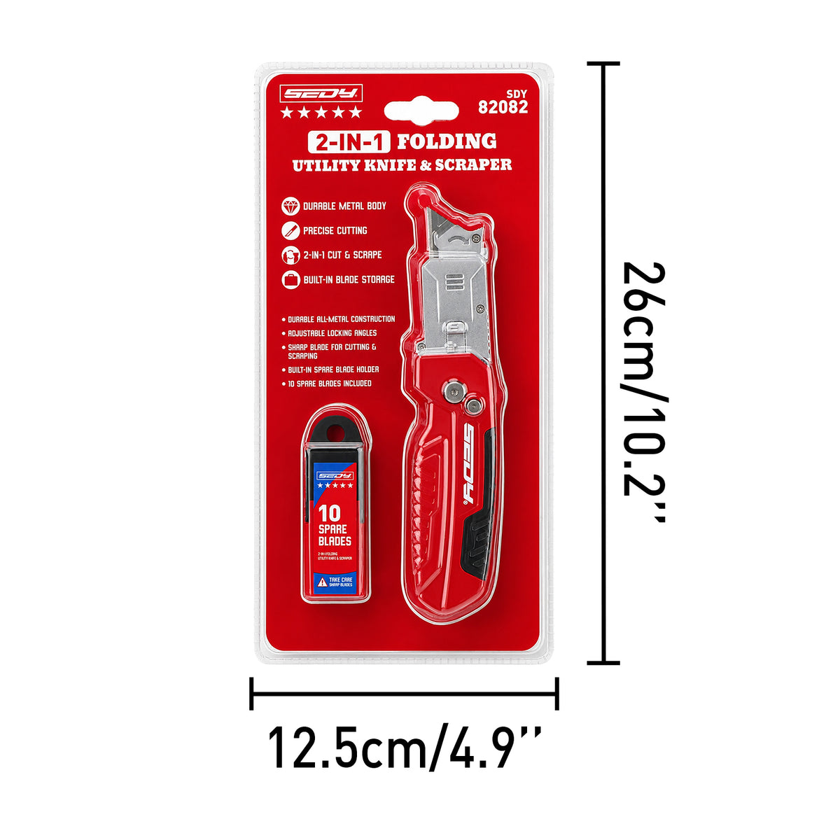 2-in-1 folding utility knife and scraper with SK5 blades, 3-angle locking, built-in blade storage and belt clip