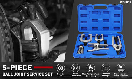 Complete 5Pc Front End Service Tool Kit displayed in a blue case, suitable for automotive ball joint and tie rod maintenance