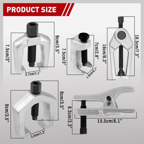 Complete 5Pc Front End Service Tool Kit displayed in a blue case, suitable for automotive ball joint and tie rod maintenance