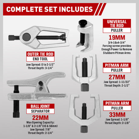 Complete 5Pc Front End Service Tool Kit displayed in a blue case, suitable for automotive ball joint and tie rod maintenance