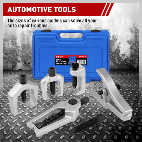 Complete 5Pc Front End Service Tool Kit displayed in a blue case, suitable for automotive ball joint and tie rod maintenance