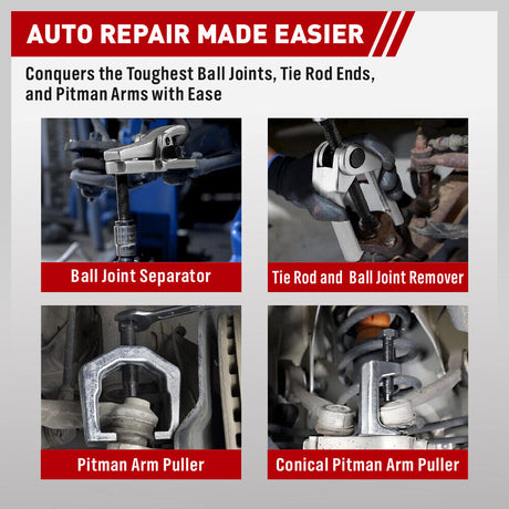 Complete 5Pc Front End Service Tool Kit displayed in a blue case, suitable for automotive ball joint and tie rod maintenance