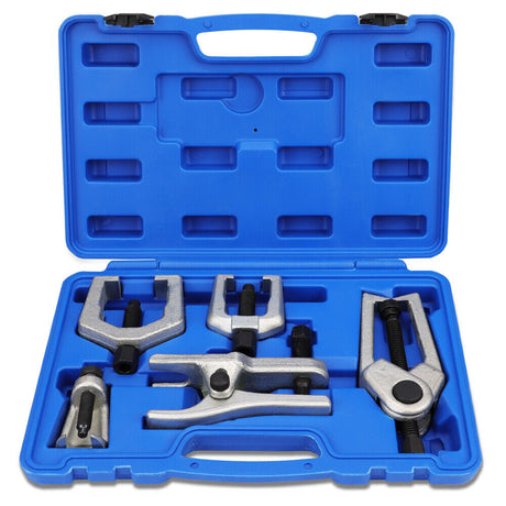 Complete 5Pc Front End Service Tool Kit displayed in a blue case, suitable for automotive ball joint and tie rod maintenance