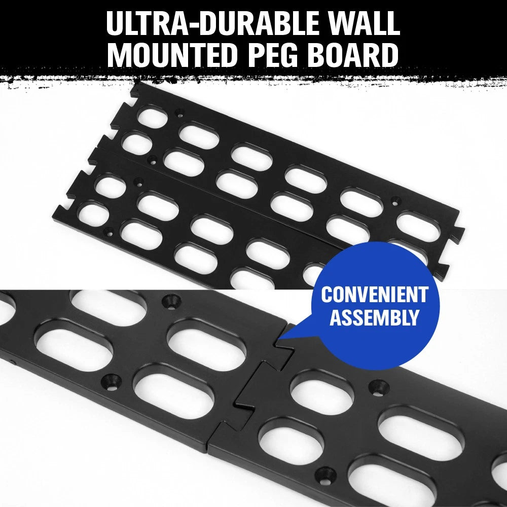 Robust Wall Mounted Bins Rack featuring 8 orange stackable plastic storage trays and 3 plastic racking, ideal for organizing small parts, tools, fishing tackle, and craft supplies. Designed to mount easily on pegboard, slot wall, or wooden studs, offering a versatile and space-saving solution for any workshop, garage, or hobby room