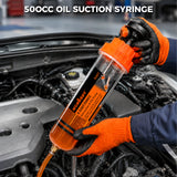 500cc manual fluid extractor and fill pump with transparent graduated cylinder, hand plunger, flexible hose, extension tubes and sealing accessories