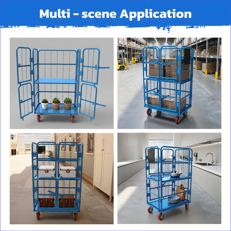 Heavy duty 4-door warehouse cage trolley with mesh panels, swivel wheels and brake function for logistics, storage and transport