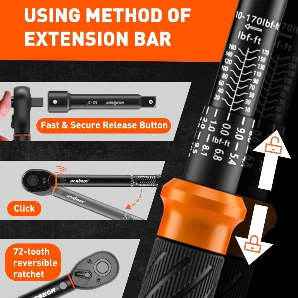 HORUSDY 3-piece click torque wrench set with 1/4, 3/8, and 1/2 inch drives, extensions, and storage case – dual scale design for accurate torque control.