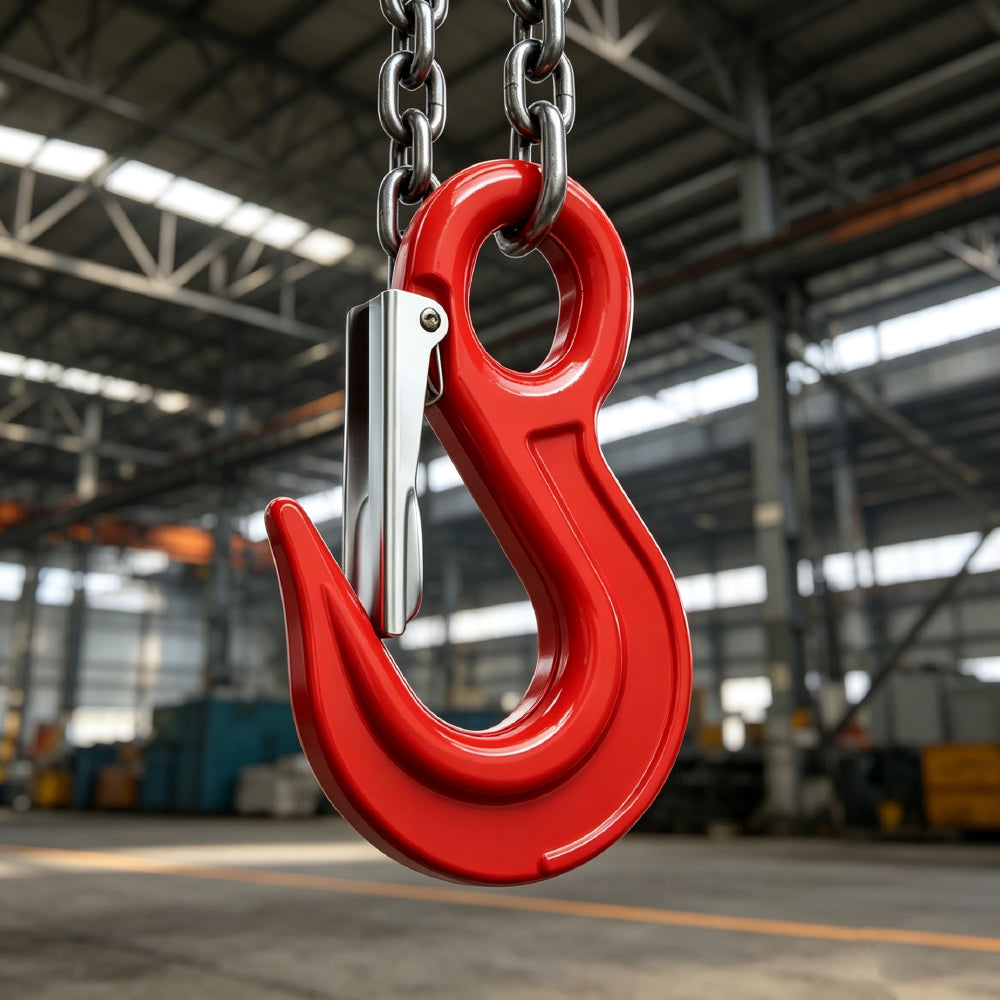 heavy-duty eye lifting hook with safety latch and red powder-coated finish for chain rigging, hoisting and material handling