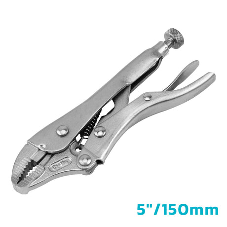 Curved jaw locking pliers in 5 inch and 10 inch options with drop forged CR-MO steel construction, adjustable tension screw, serrated jaws and quick release handle for clamping, gripping, tightening and holding metal, wood, pipe and workshop materials