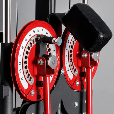 plate loaded lateral raise machine with adjustable arms, headrest, pulley system and steel frame for home gym shoulder training