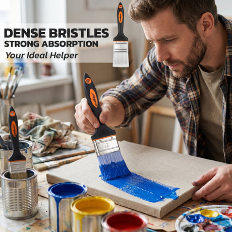 2 inch and 3 inch flat paint brush set with polyester bristles, stainless steel ferrule and plastic handle for paints, stains, acrylics and DIY projects