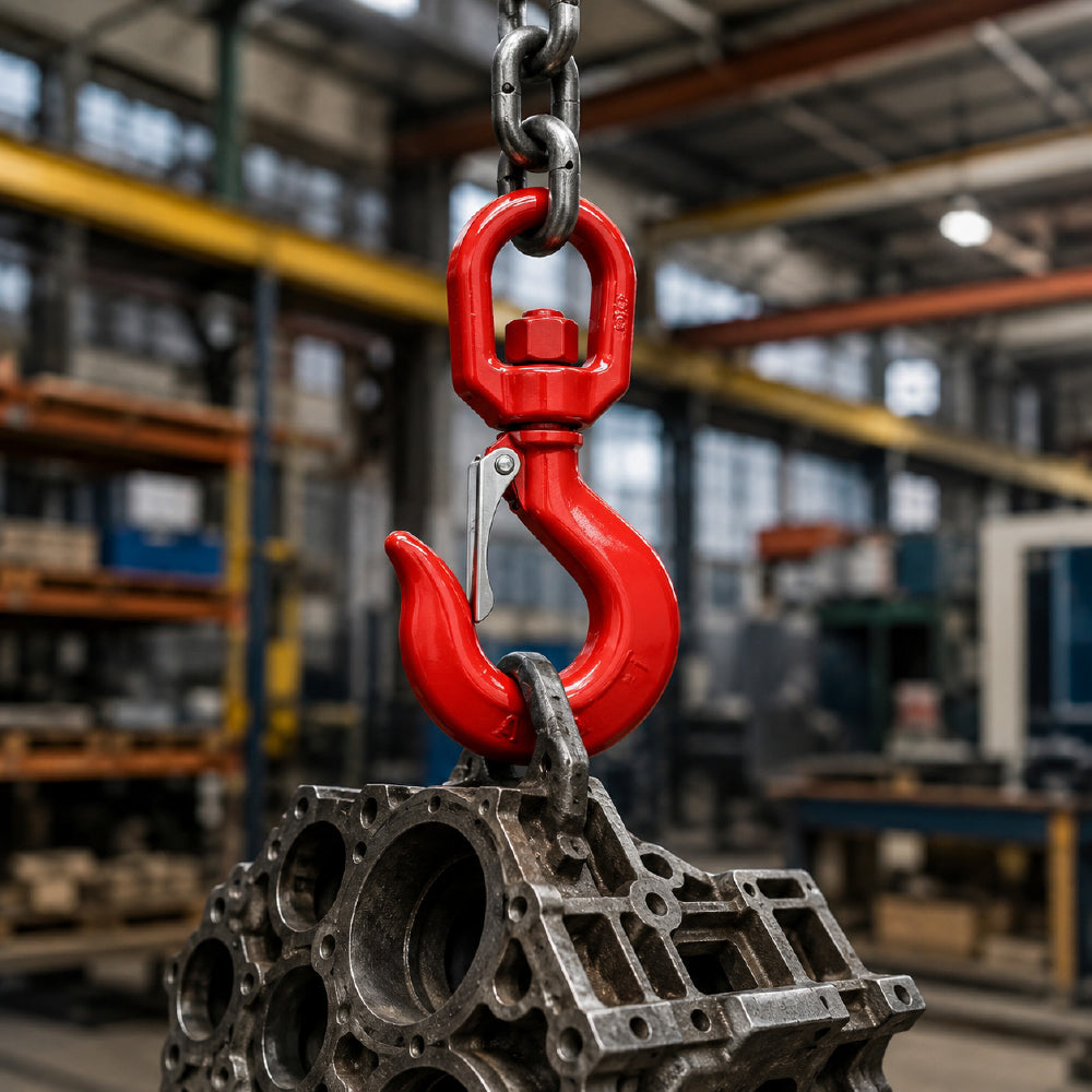 heavy-duty swivel lifting hook with safety latch and red powder-coated finish for rigging, hoisting and material handling