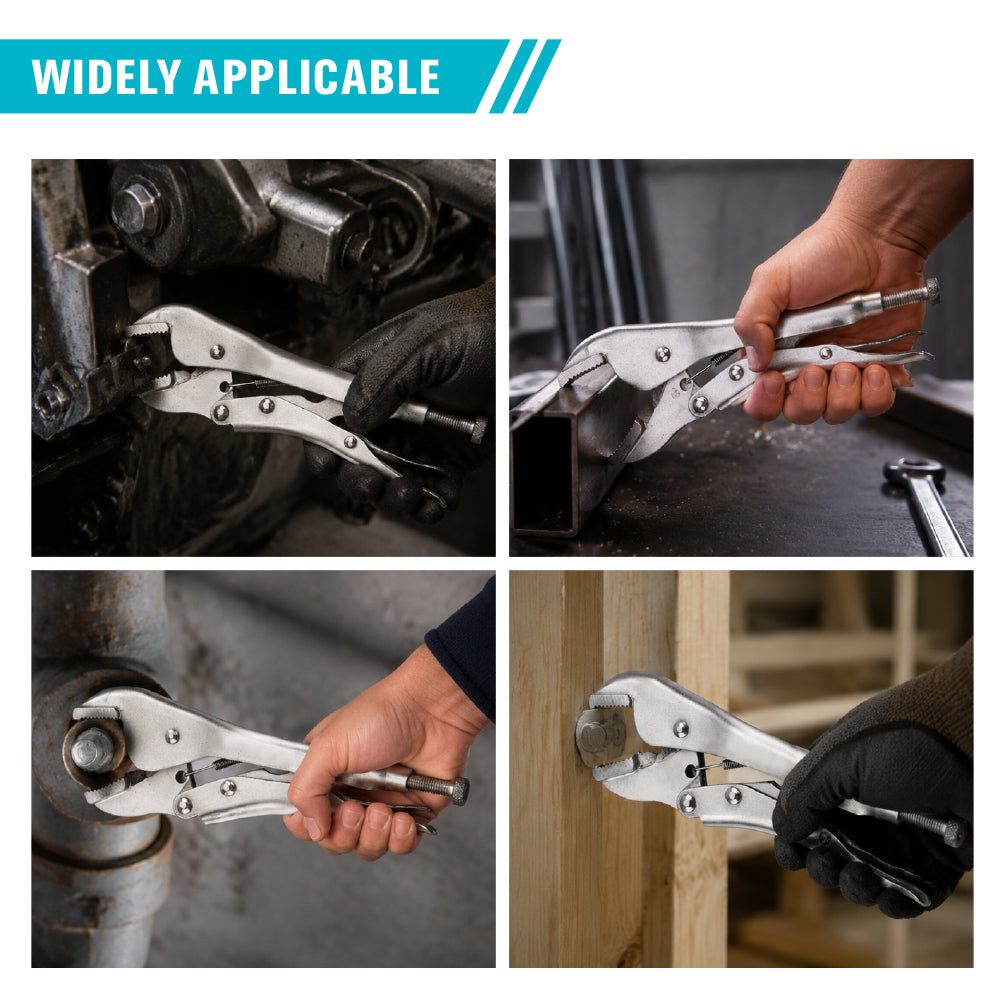 straight jaw locking pliers available in 7-inch and 10-inch sizes with adjustable tension screw, quick-release trigger and Cr-Mo steel jaws