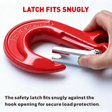heavy-duty clevis slip hook with safety latch, cotter pin and red powder-coated finish for lifting, towing, recovery and rigging applications