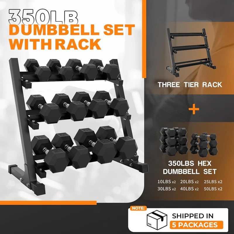 350 lb or 450 lb hex dumbbell set with 3-tier storage rack, anti-roll heads and knurled handles for home gym strength training