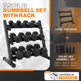 350 lb or 450 lb hex dumbbell set with 3-tier storage rack, anti-roll heads and knurled handles for home gym strength training