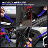 17-piece automotive trim removal and pick tool set with blue nylon pry tools, heat-treated steel hooks, clip removal pliers, ergonomic handles, roll-up pouch and extendable LED magnetic pickup tool for car panels, clips, seals, O-rings and small metal parts