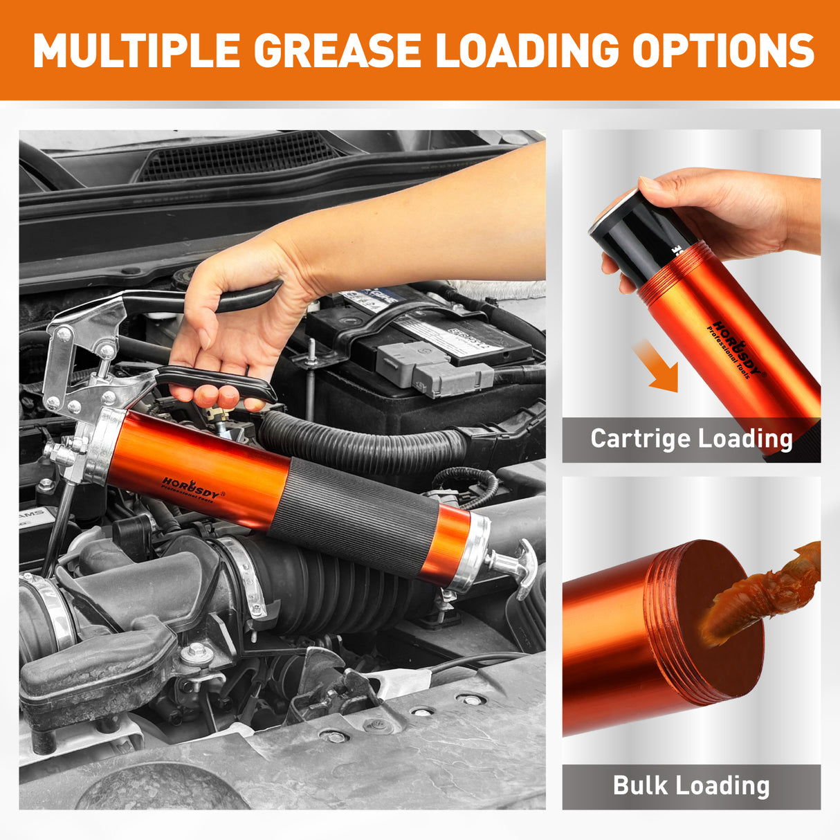 18-piece pistol grip grease gun kit with 8000 PSI pressure, flexible hose, lock coupler and multiple grease fittings
