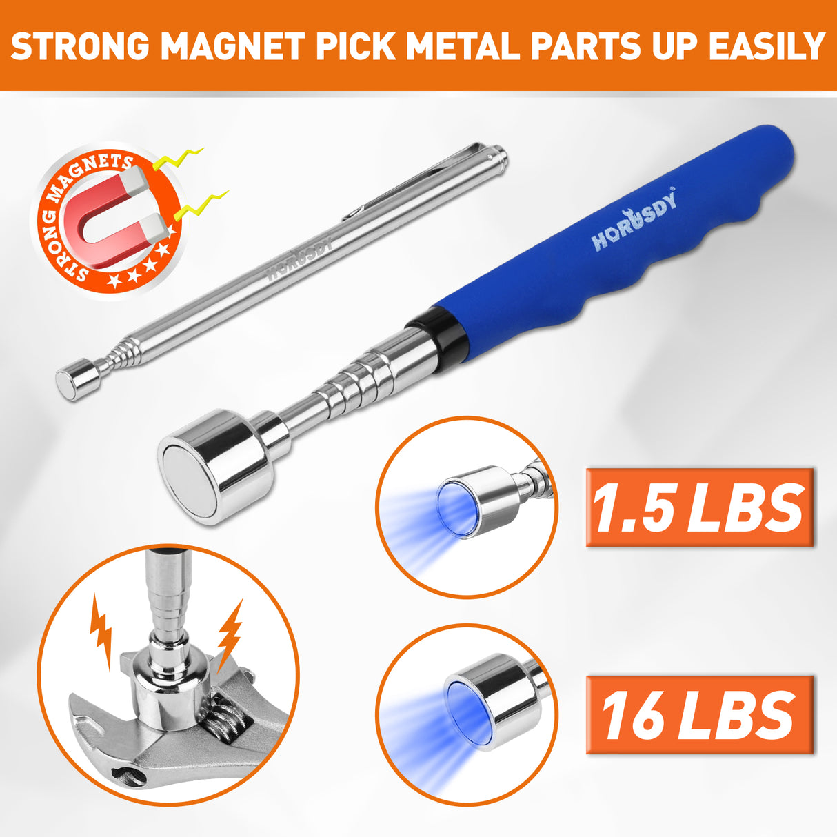 4-piece telescoping magnetic pickup tool kit with inspection mirror, flexible grabber and strong magnets