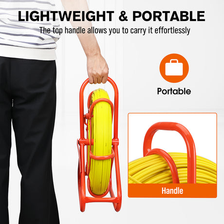 fiberglass fish tape wire puller 130m 6mm cable pulling tool with reel stand brake handle non conductive electrician conduit wiring kit