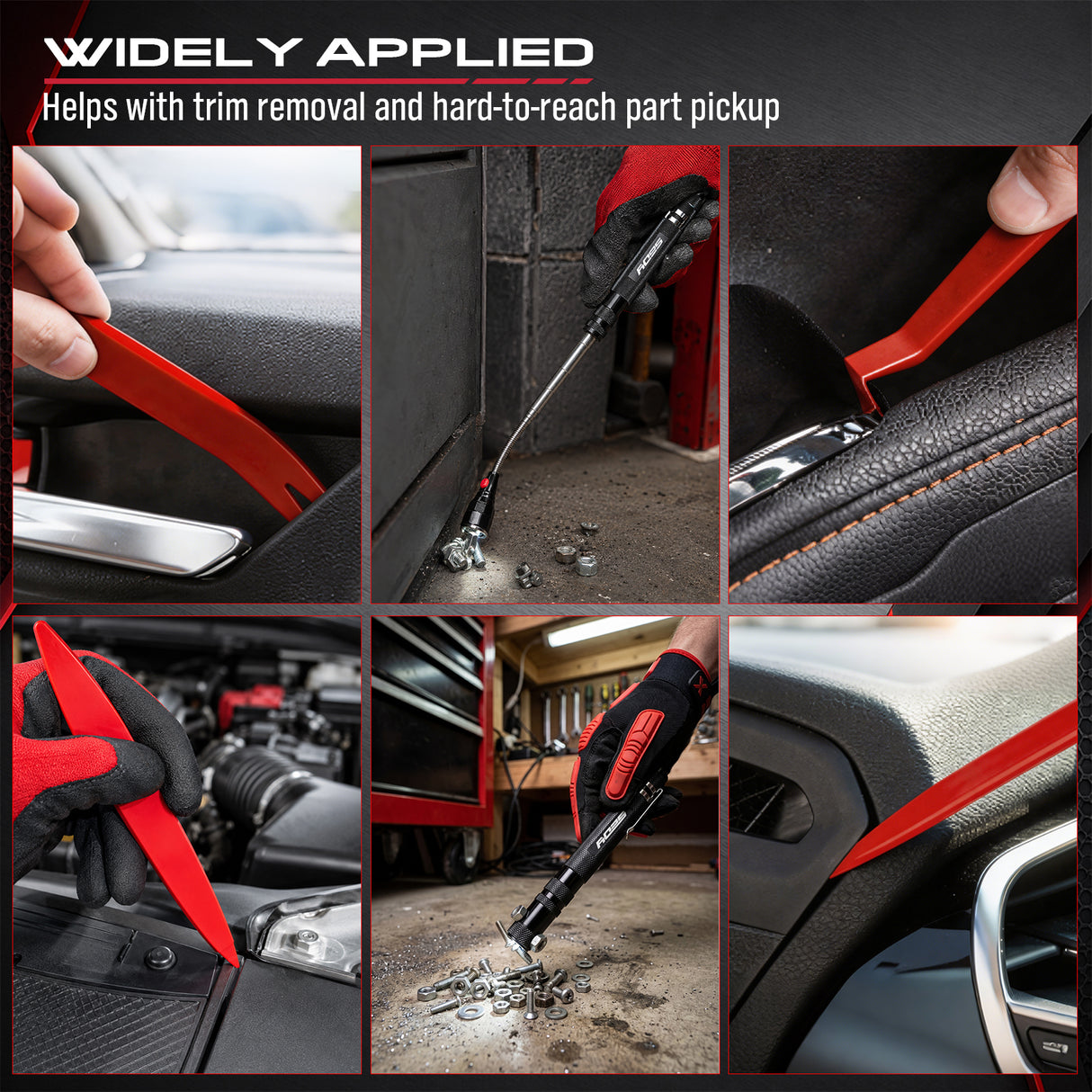 auto trim removal tool kit with red nylon pry tools, heat-treated pick hooks, ergonomic handles and extendable LED magnetic pickup tool for car panel, clip, seal and O-ring removal