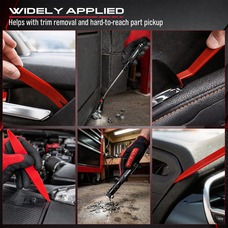 auto trim removal tool kit with red nylon pry tools, heat-treated pick hooks, ergonomic handles and extendable LED magnetic pickup tool for car panel, clip, seal and O-ring removal
