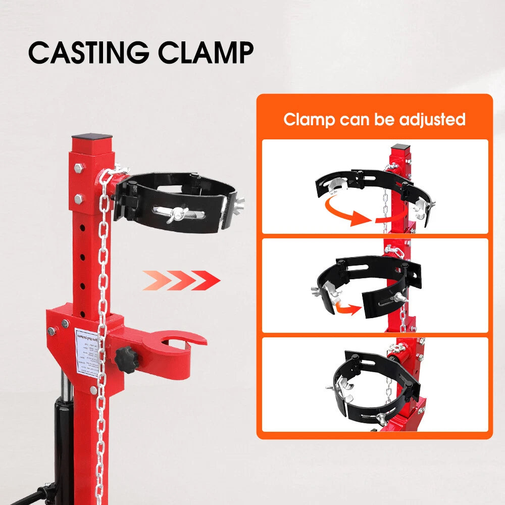 4.5 Ton hydraulic shock spring compressor with adjustable clamps and steel safety chain for car suspension and coil spring removal.