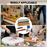 10-piece knife sharpening stone kit with 400/1000 and 3000/8000 grit whetstones, bamboo base, rubber bases, angle guide, Nagura stone, leather strop, cleaning towel and cut resistant gloves
