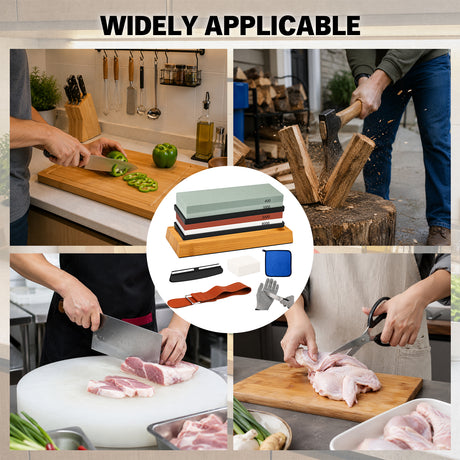 10-piece knife sharpening stone kit with 400/1000 and 3000/8000 grit whetstones, bamboo base, rubber bases, angle guide, Nagura stone, leather strop, cleaning towel and cut resistant gloves