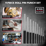 25-piece roll pin punch and punch and chisel set with CR-V steel tools, angle gauge, roll-up storage pouches and gift box
