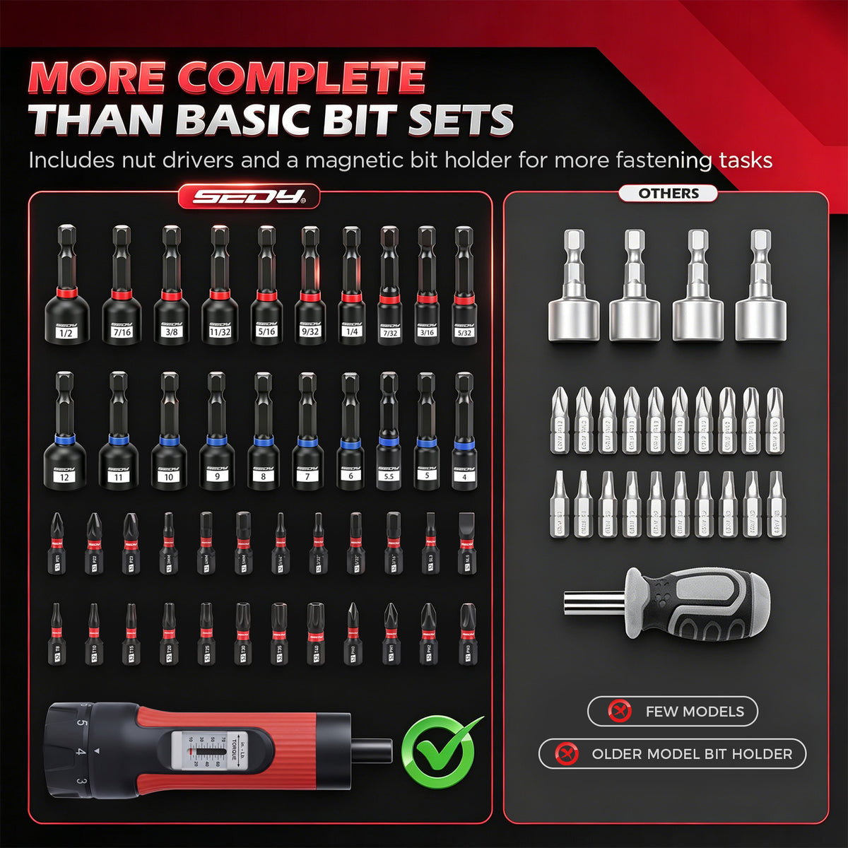45-piece adjustable torque screwdriver set with 10-70 in-lb scale, 1/4-inch magnetic bit holder, 24 S2 bits and 20 SAE and metric nut drivers