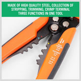 8 Inch 5-in-1 Automatic Wire Stripper with Self Adjusting Jaws, Wire Cutter, Terminal Crimper and Orange Non-Slip Handles