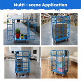Blue heavy duty double-door logistics trolley cage with lockable swivel rubber wheels for warehouse storage and transport
