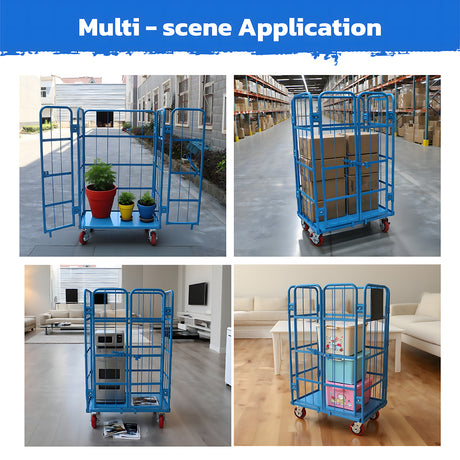 Blue heavy duty double-door logistics trolley cage with lockable swivel rubber wheels for warehouse storage and transport