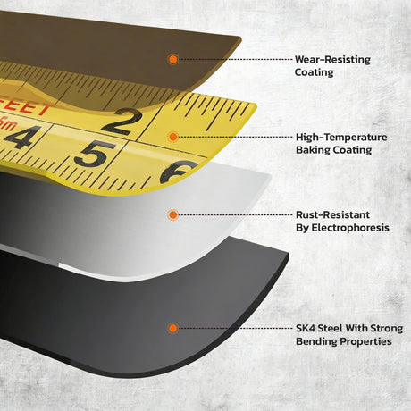 25FT 7.5M self-locking measuring tape with dual scale, belt clip, wrist strap, carbon steel blade and ABS rubber case