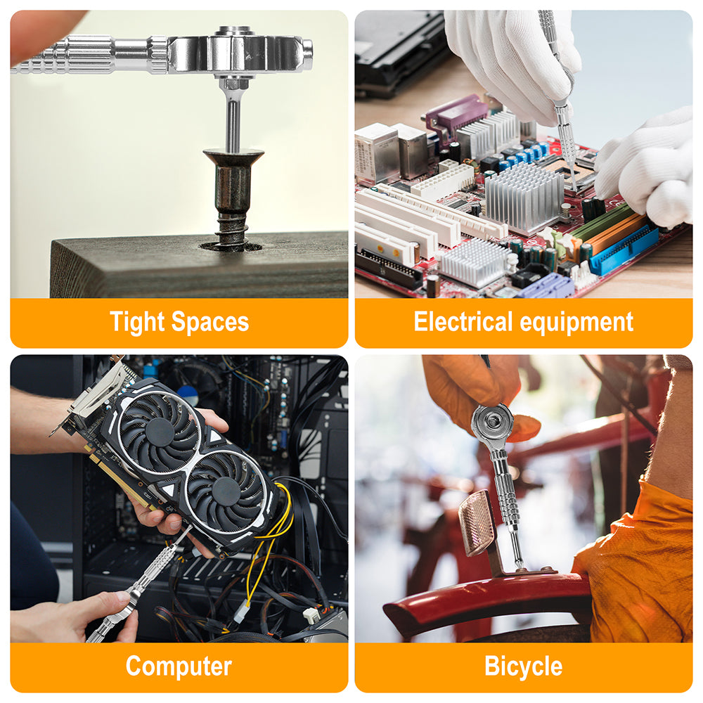 ELEAD 40-in-1 magnetic ratchet screwdriver kit with flexible handle, color-coded S2 bits, and portable locking case for precise repair and assembly tasks.