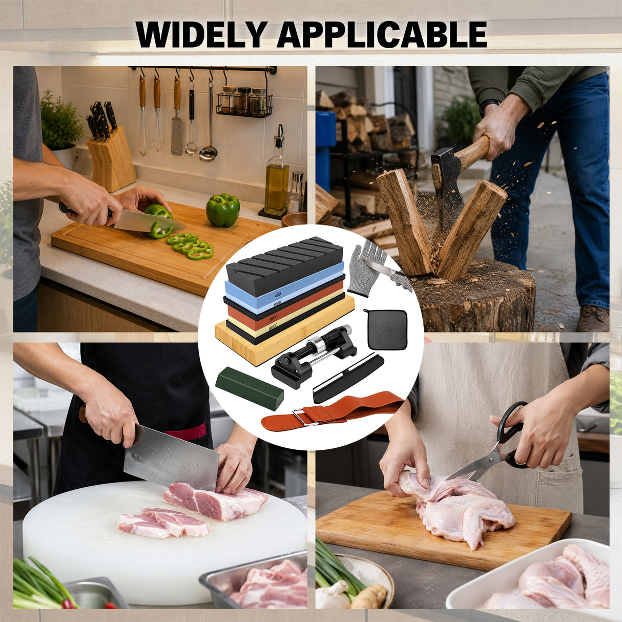 12-piece knife sharpening stone kit with 400/1000 and 3000/8000 grit whetstones, bamboo base, angle guide, honing guide, flattening stone, leather strop, green polishing compound and cut resistant gloves
