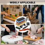 12-piece knife sharpening stone kit with 400/1000 and 3000/8000 grit whetstones, bamboo base, angle guide, honing guide, flattening stone, leather strop, green polishing compound and cut resistant gloves
