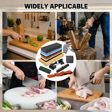12-piece knife sharpening stone kit with 400/1000 and 3000/8000 grit whetstones, bamboo base, angle guide, honing guide, flattening stone, leather strop, green polishing compound and cut resistant gloves