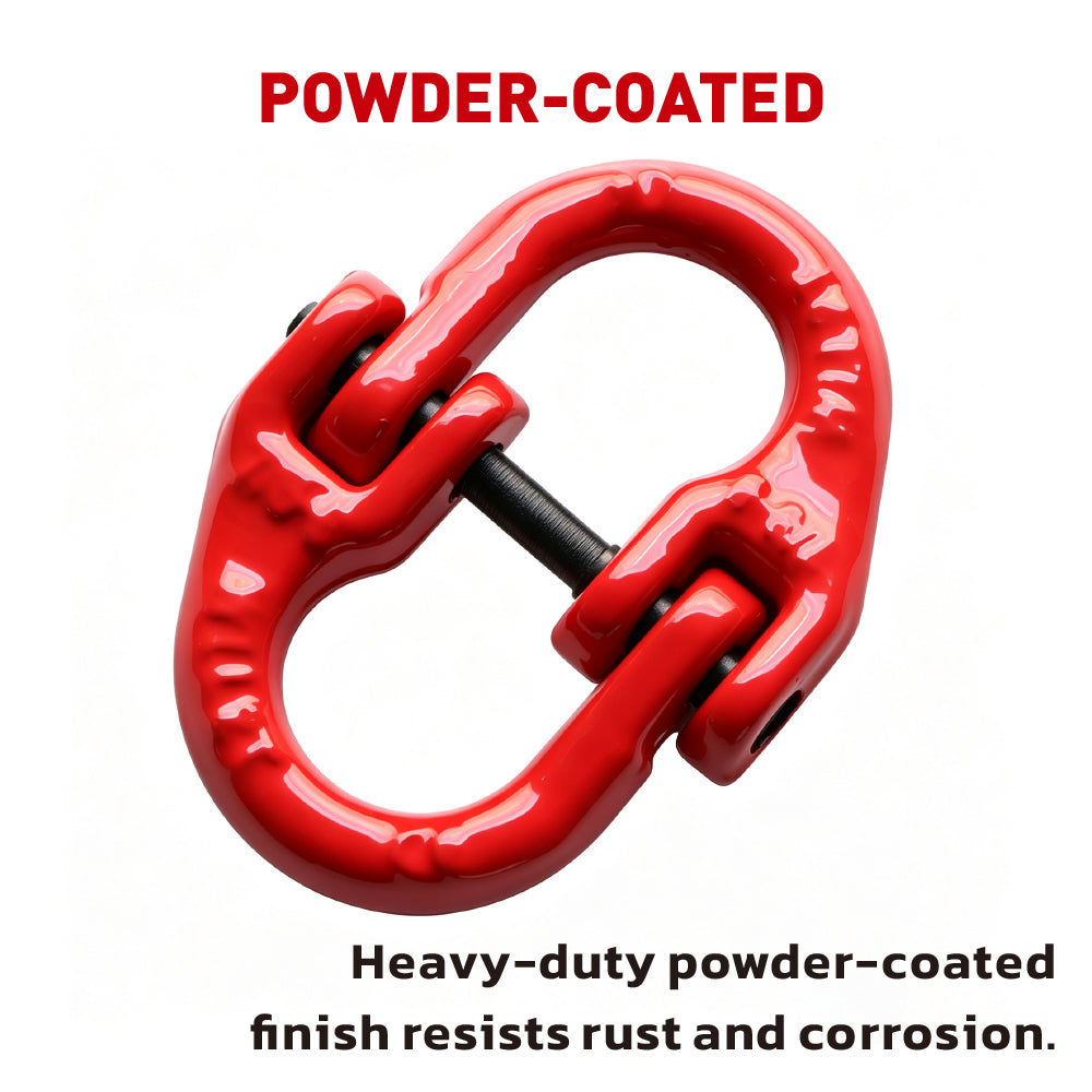 G80 hammerlock coupling link with red powder-coated finish for connecting Grade 80 lifting chains, rigging and hoisting assemblies
