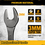 19-piece super-thin open end wrench set with 3mm slim profile, SAE and metric sizes, chrome vanadium steel construction, four-point open ends, and rolling tool pouch