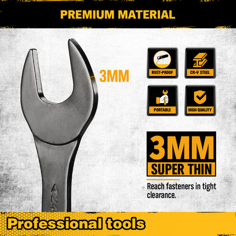 19-piece super-thin open end wrench set with 3mm slim profile, SAE and metric sizes, chrome vanadium steel construction, four-point open ends, and rolling tool pouch