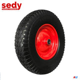 16 inch 4.80/4.00-8 solid wheelbarrow trolley wheel with 25.4mm (1") bore and red steel hub, puncture-proof replacement tyre