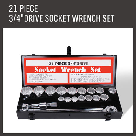 21-Piece 3/4 Inch Drive SAE Socket Wrench Set with 16 Chrome Vanadium Steel Sockets, Ratchet, Sliding T-Bar, Extension Bars and Metal Carry Case