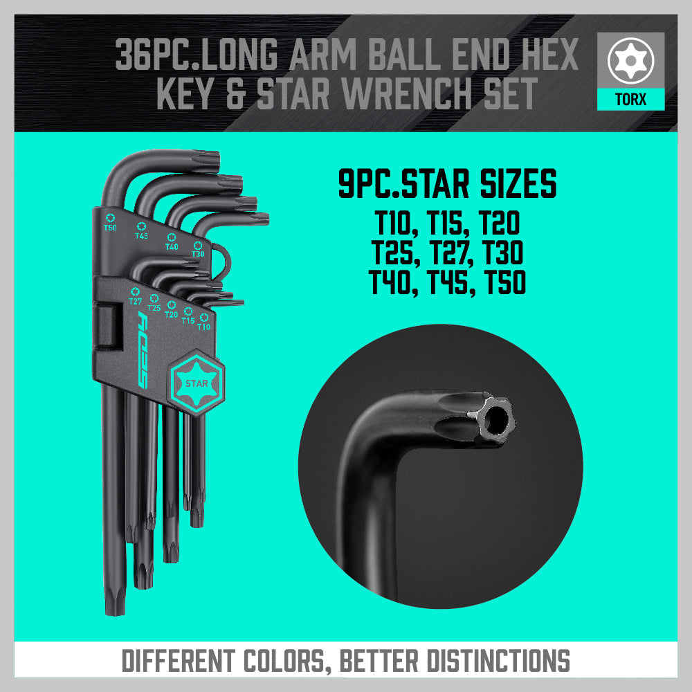 SEDY 36 piece long arm ball end hex key and torx star wrench set with SAE metric sizes, T handle and storage bag