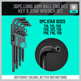SEDY 36 piece long arm ball end hex key and torx star wrench set with SAE metric sizes, T handle and storage bag
