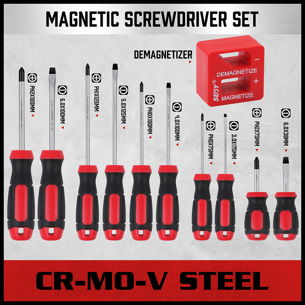 SEDY 11-Piece Magnetic Screwdriver Set with Demagnetizer, CR-MO-V Phillips & Slotted Screwdrivers, S2 Steel Tips, Non-Slip Handles & Portable Storage Case
